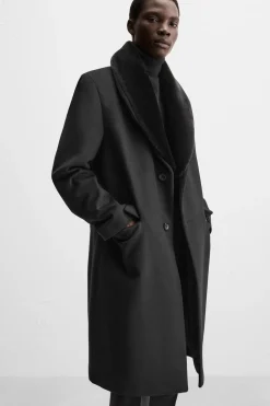 ZARA Vestuário De Inverno|Sobretudos / Gabardinas^CASACO COM GOLA COMBINADA Preto