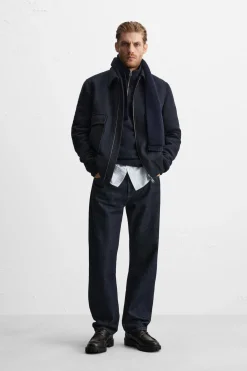 ZARA Vestuário De Inverno|Blusões^CASACO COM LÃ Azul-marinho
