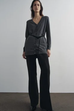 ZARA Cardigan / Camisolas|Malha^CASACO COMPRIDO COM CINTO DE LÃ Cinzento