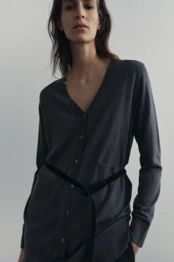 ZARA Cardigan / Camisolas|Malha^CASACO COMPRIDO COM CINTO DE LÃ Cinzento