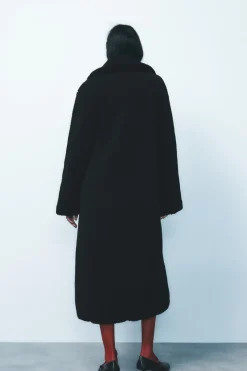 ZARA Winter Layersnew|Sobretudos / Anoraques^CASACO COMPRIDO COM EFEITO DE PELO ENCARACOLADO Preto