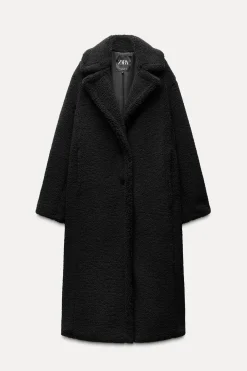 ZARA Winter Layersnew|Sobretudos / Anoraques^CASACO COMPRIDO COM EFEITO DE PELO ENCARACOLADO Preto