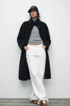 ZARA Winter Layersnew|Sobretudos / Anoraques^CASACO COMPRIDO COM EFEITO DE PELO ENCARACOLADO Preto