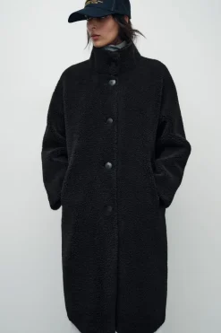 ZARA Winter Layersnew|Sobretudos / Anoraques^CASACO COMPRIDO COM EFEITO DE PELO ENCARACOLADO Preto