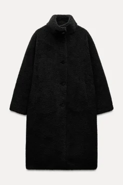 ZARA Winter Layersnew|Sobretudos / Anoraques^CASACO COMPRIDO COM EFEITO DE PELO ENCARACOLADO Preto