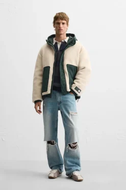 ZARA Vestuário De Inverno|Blusões^CASACO EFEITO DE PELO ENCARACOLADO COMBINADO Branco-marfim