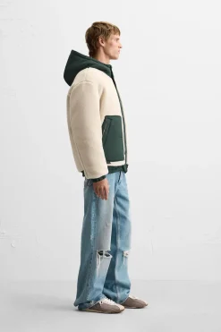 ZARA Vestuário De Inverno|Blusões^CASACO EFEITO DE PELO ENCARACOLADO COMBINADO Branco-marfim