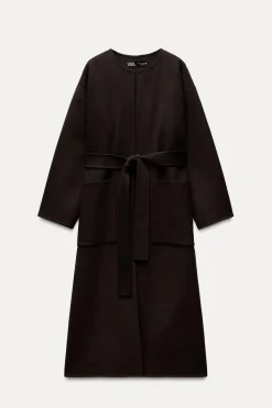 ZARA Sobretudos / Anoraques^CASACO MISTURA LÃ CINTO ZW COLLECTION Castanho-vigoré