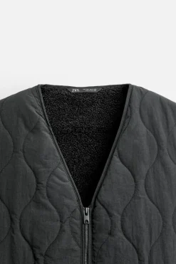 ZARA Blusões|Coletes^COLETE ACOLCHOADO COMBINADO Preto