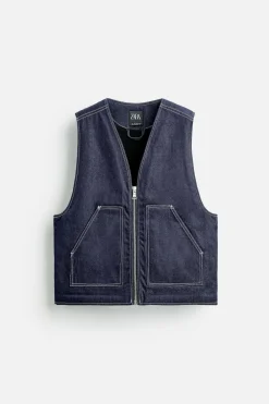 ZARA Blusões|Coletes^COLETE DENIM COM COSTURAS Azul