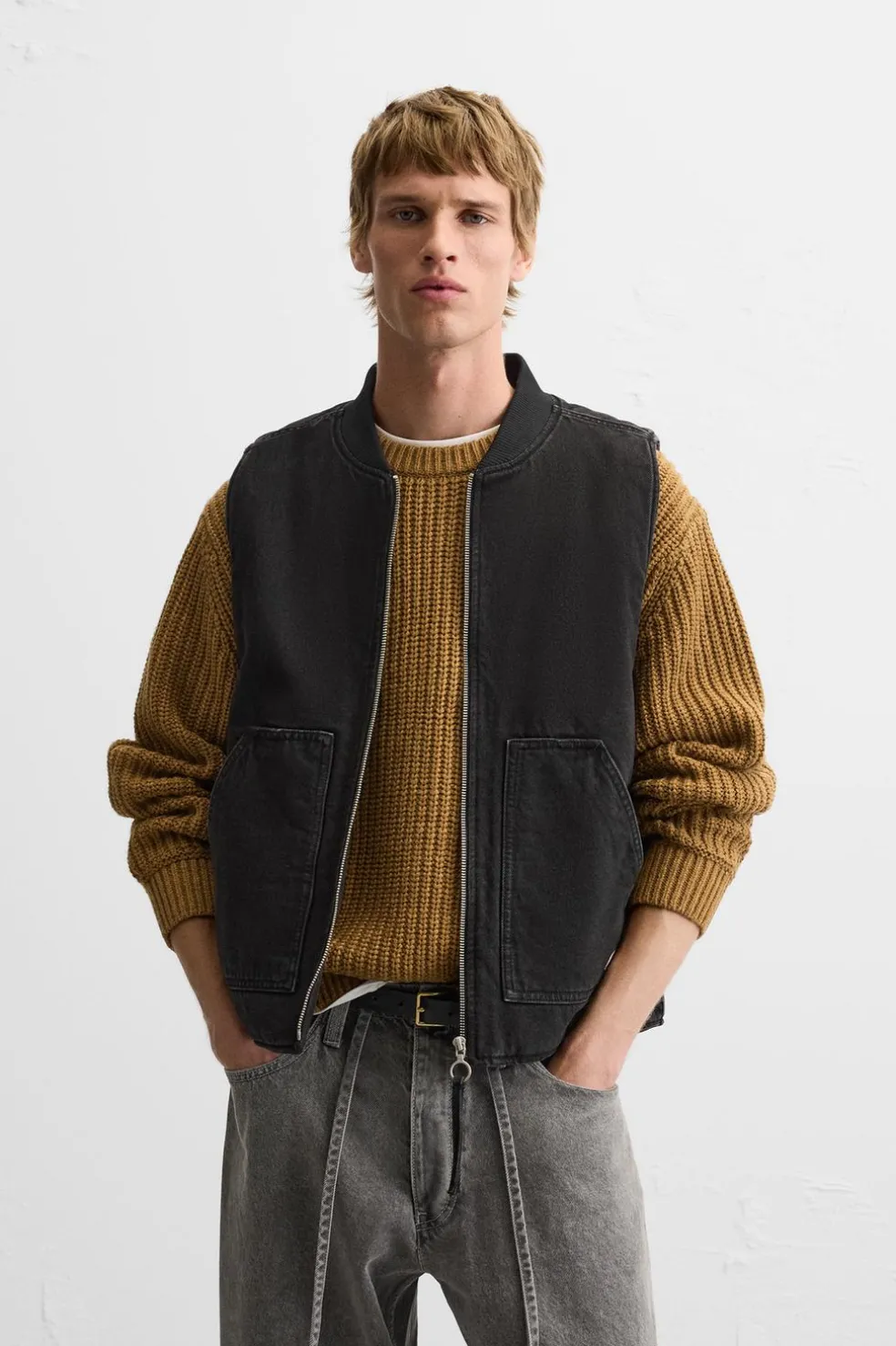 ZARA Blusões|Coletes^COLETE DENIM COMBINADO Preto