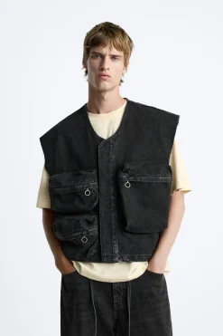 ZARA Coletes^COLETE DENIM UTILITÁRIO Preto