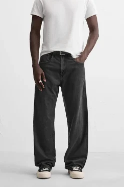 ZARA Calças De Ganga^JEANS BAGGY FIT COM BANDAS Preto