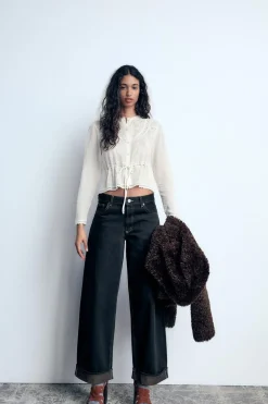 ZARA Jeans^JEANS TRF RELAXED MINI FOLD UP CINTURA BAIXA preto/amarelo