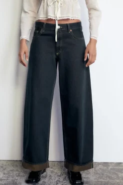 ZARA Jeans^JEANS TRF RELAXED MINI FOLD UP CINTURA BAIXA preto/amarelo