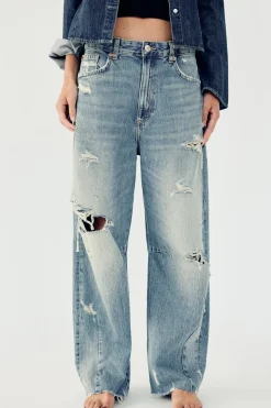 ZARA Jeans^JEANS TRF BAGGY BALLOON COM RASGÕES CINTURA MÉDIA Azul