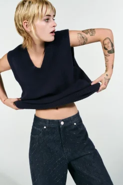 ZARA Jeans^JEANS TRF BAGGY BRILHO CINTURA SUBIDA Índigo-escuro