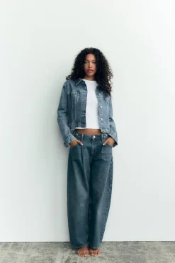 ZARA Jeans^JEANS TRF BALLOON CROPPED CINTURA MÉDIA Azul-marinho