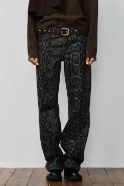 ZARA Jeans^JEANS TRF ESTAMPADO ANIMAL FLOCADO CINTURA MÉDIA Azulão