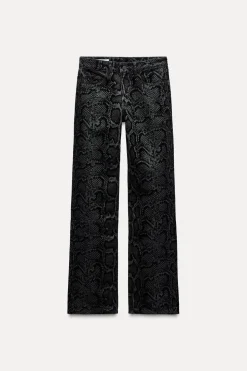 ZARA Jeans^JEANS TRF ESTAMPADO ANIMAL FLOCADO CINTURA MÉDIA Azulão