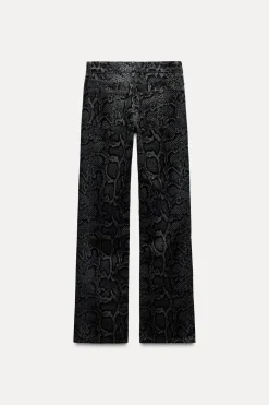 ZARA Jeans^JEANS TRF ESTAMPADO ANIMAL FLOCADO CINTURA MÉDIA Azulão