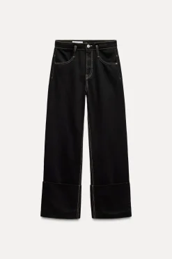 ZARA Jeans^JEANS TRF PESPONTES BAIXO DOBRADO CINTURA SUBIDA Preto