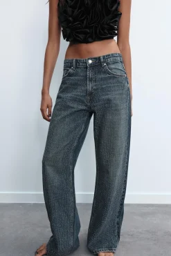 ZARA Jeans^JEANS TRF RELAXED BRILHO CINTURA MÉDIA Azul-marinho