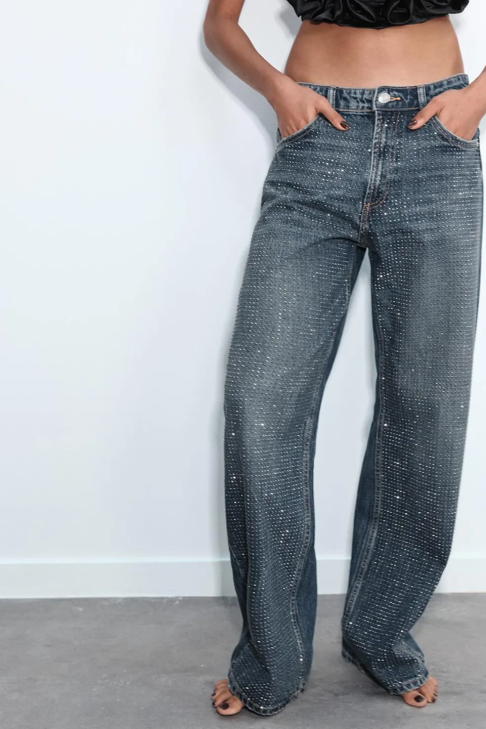 ZARA Jeans^JEANS TRF RELAXED BRILHO CINTURA MÉDIA Azul-marinho