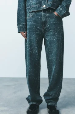 ZARA Jeans^JEANS TRF RELAXED OVERSIZE TAPERED STRASS CINTURA SUBIDA Azul