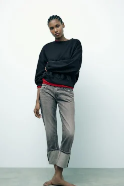 ZARA Jeans^JEANS TRF STOVE PIPE FOLDED CINTURA SUBIDA Cinzento-antracito
