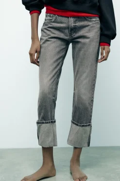 ZARA Jeans^JEANS TRF STOVE PIPE FOLDED CINTURA SUBIDA Cinzento-antracito
