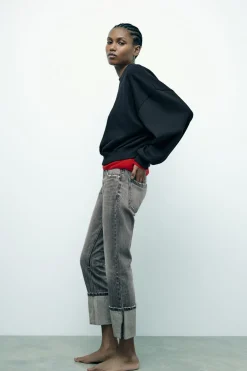 ZARA Jeans^JEANS TRF STOVE PIPE FOLDED CINTURA SUBIDA Cinzento-antracito