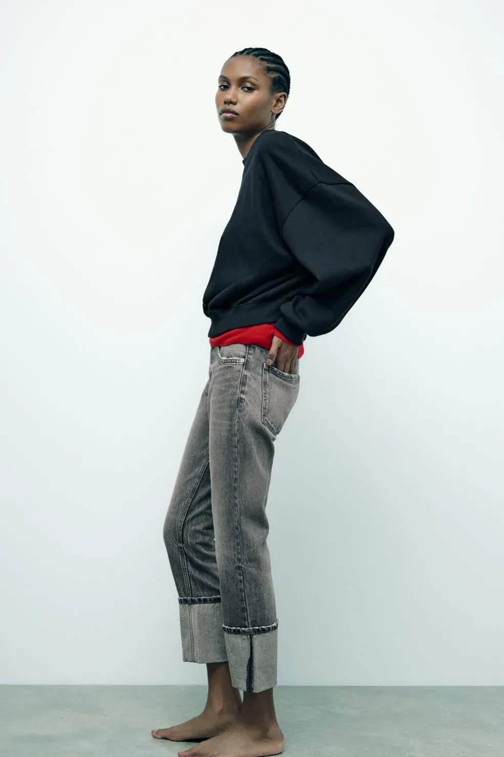 ZARA Jeans^JEANS TRF STOVE PIPE FOLDED CINTURA SUBIDA Cinzento-antracito