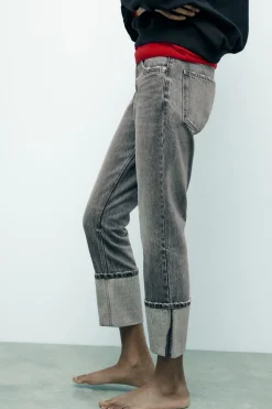ZARA Jeans^JEANS TRF STOVE PIPE FOLDED CINTURA SUBIDA Cinzento-antracito