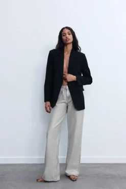 ZARA Jeans^JEANS TRF WIDE LEG BRILHO CINTURA MÉDIA Prata