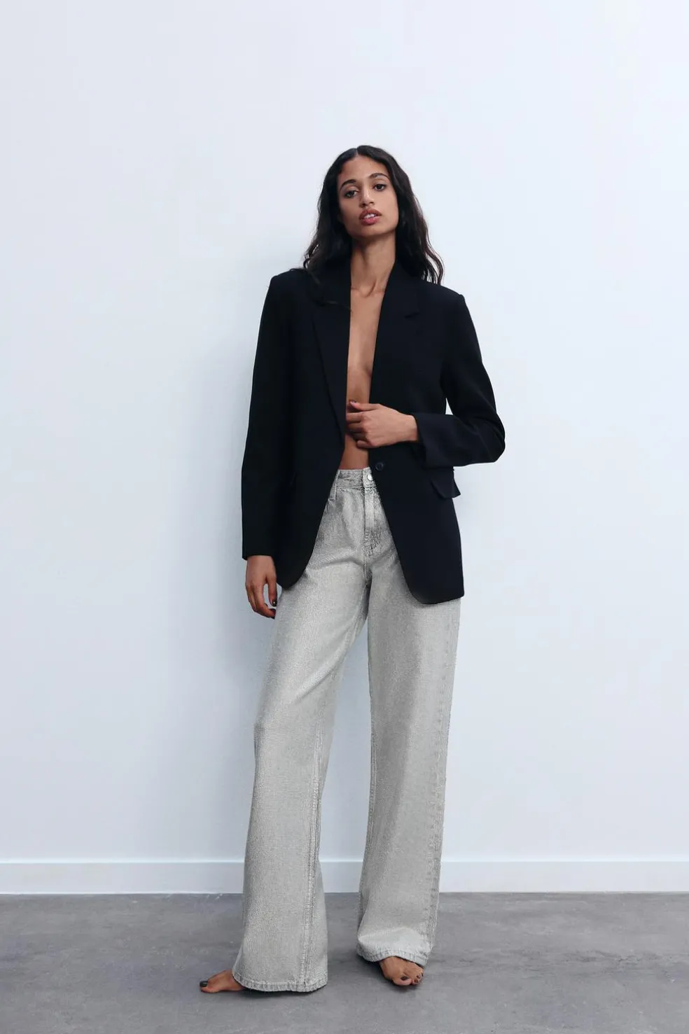 ZARA Jeans^JEANS TRF WIDE LEG BRILHO CINTURA MÉDIA Prata