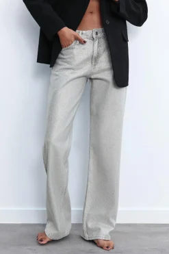 ZARA Jeans^JEANS TRF WIDE LEG BRILHO CINTURA MÉDIA Prata
