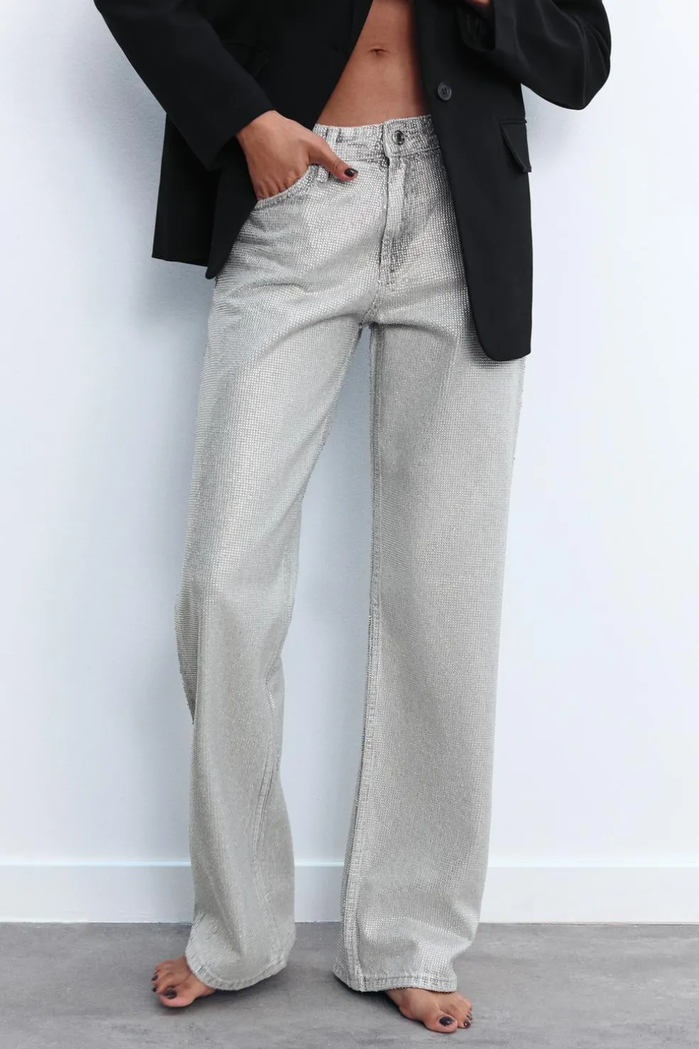 ZARA Jeans^JEANS TRF WIDE LEG BRILHO CINTURA MÉDIA Prata