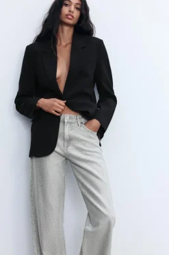 ZARA Jeans^JEANS TRF WIDE LEG BRILHO CINTURA MÉDIA Prata