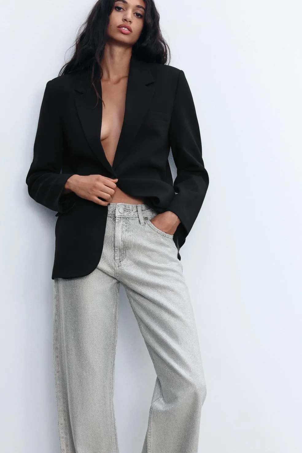 ZARA Jeans^JEANS TRF WIDE LEG BRILHO CINTURA MÉDIA Prata