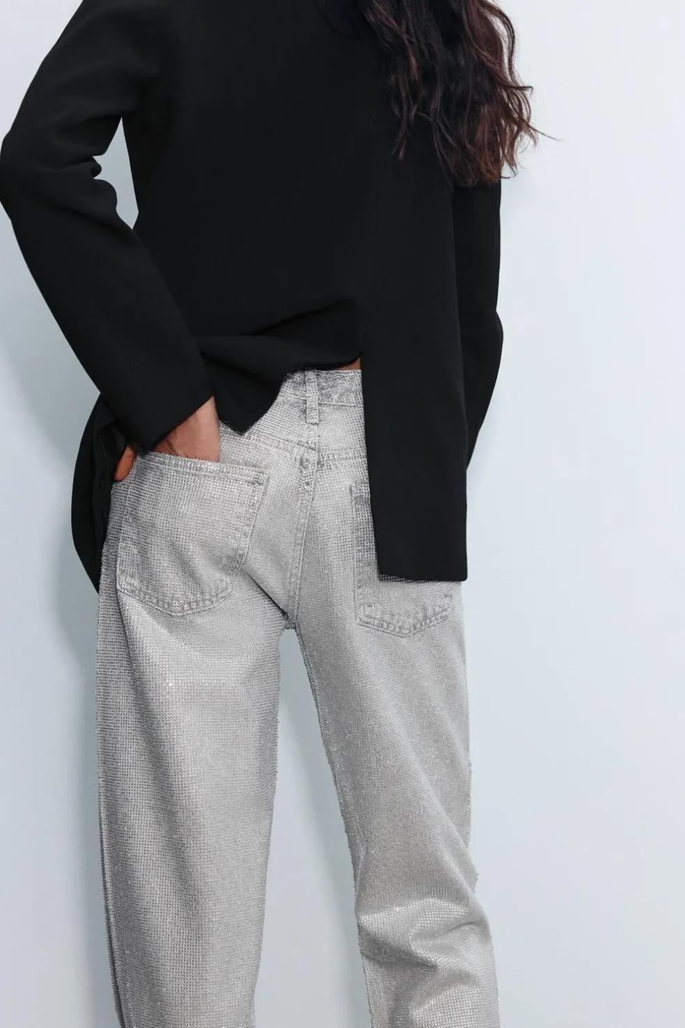 ZARA Jeans^JEANS TRF WIDE LEG BRILHO CINTURA MÉDIA Prata