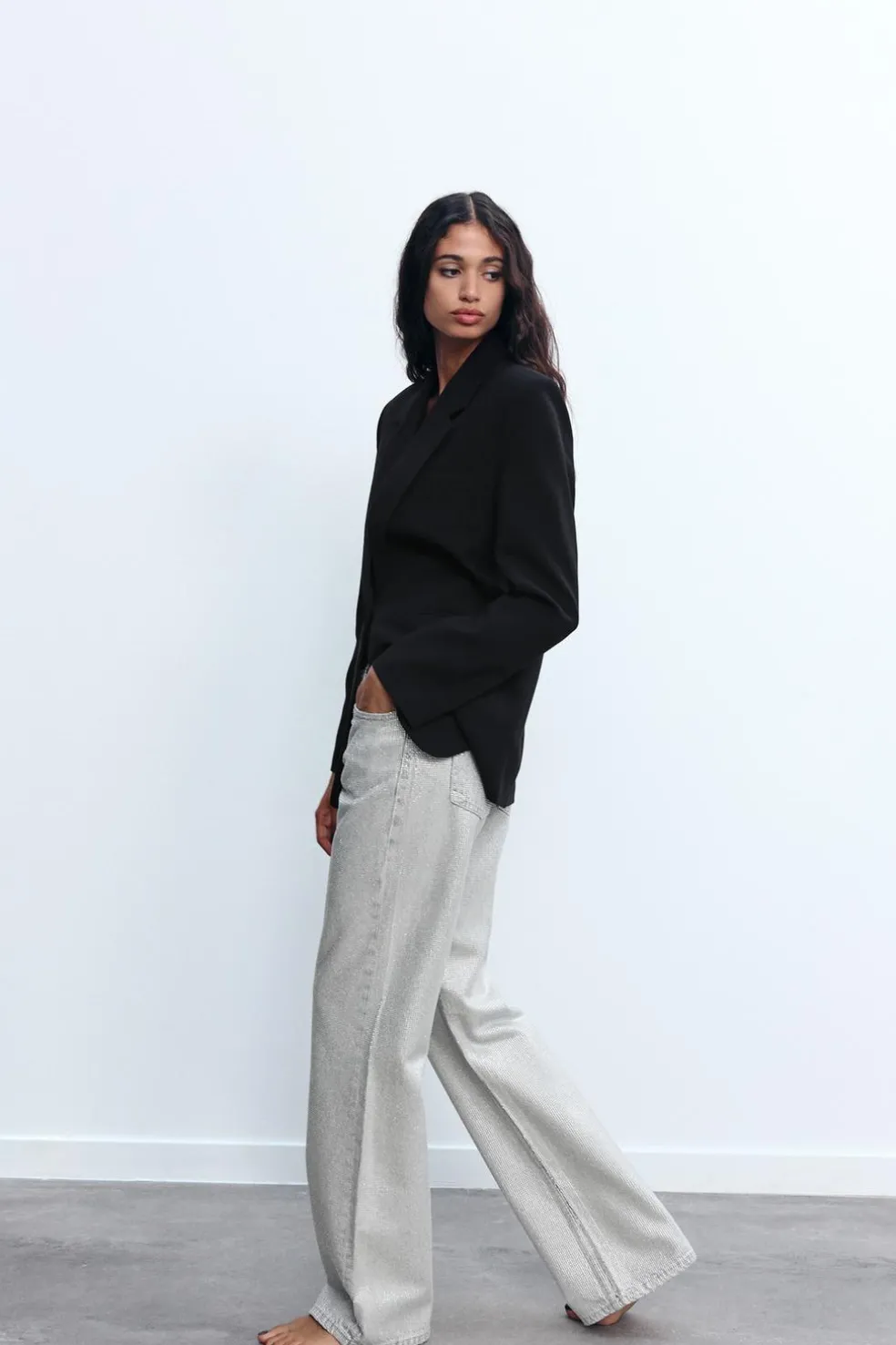ZARA Jeans^JEANS TRF WIDE LEG BRILHO CINTURA MÉDIA Prata
