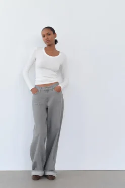 ZARA Jeans^JEANS TRF WIDE LEG CINTURA SUBIDA PRESILHA Cinzento