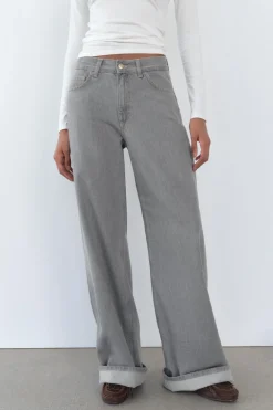 ZARA Jeans^JEANS TRF WIDE LEG CINTURA SUBIDA PRESILHA Cinzento