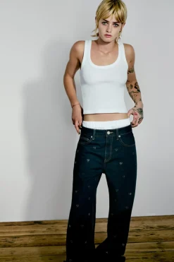 ZARA Jeans^JEANS TRF WIDE LEG STRASS CORAÇÕES CINTURA MÉDIA Azul-marinho
