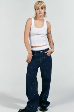 ZARA Jeans^JEANS TRF WIDE LEG STRASS CORAÇÕES CINTURA MÉDIA Azul-marinho