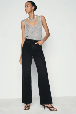 ZARA Jeans^JEANS Z1975 DIREITAS DE CINTURA SUBIDA LONG LENGTH Preto