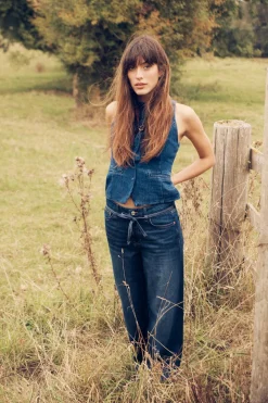 ZARA Jeans^JEANS Z1975 WIDE LEG CINTURA SUBIDA CINTURÃO Azul