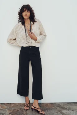 ZARA Jeans^JEANS Z1975 WIDE LEG CROPPED CINTURA SUBIDA Preto