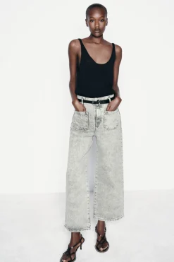 ZARA Jeans^JEANS Z1975 WIDE LEG CROPPED DE CINTURA SUBIDA COM CINTO Cinzento
